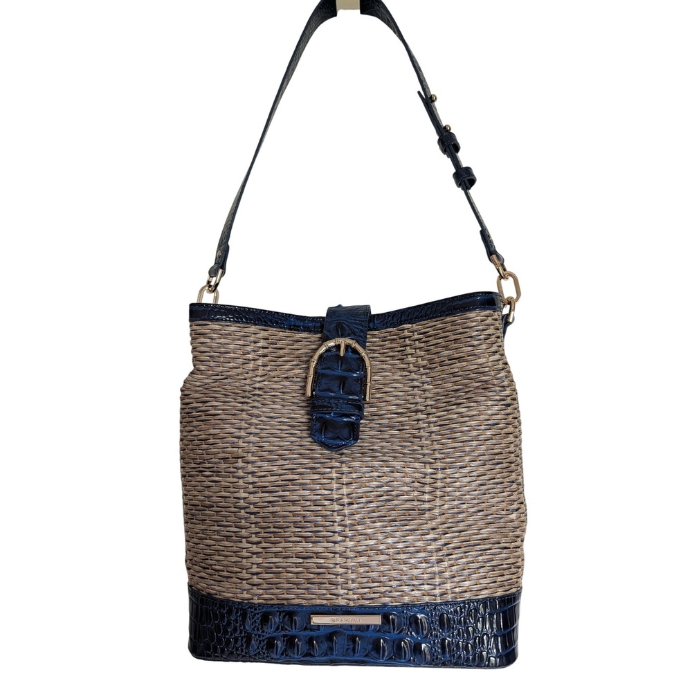 Brahmin Woven Straw Croc Leather Bucket Bag Navy Blue Gold Buckle Shoulder Bag